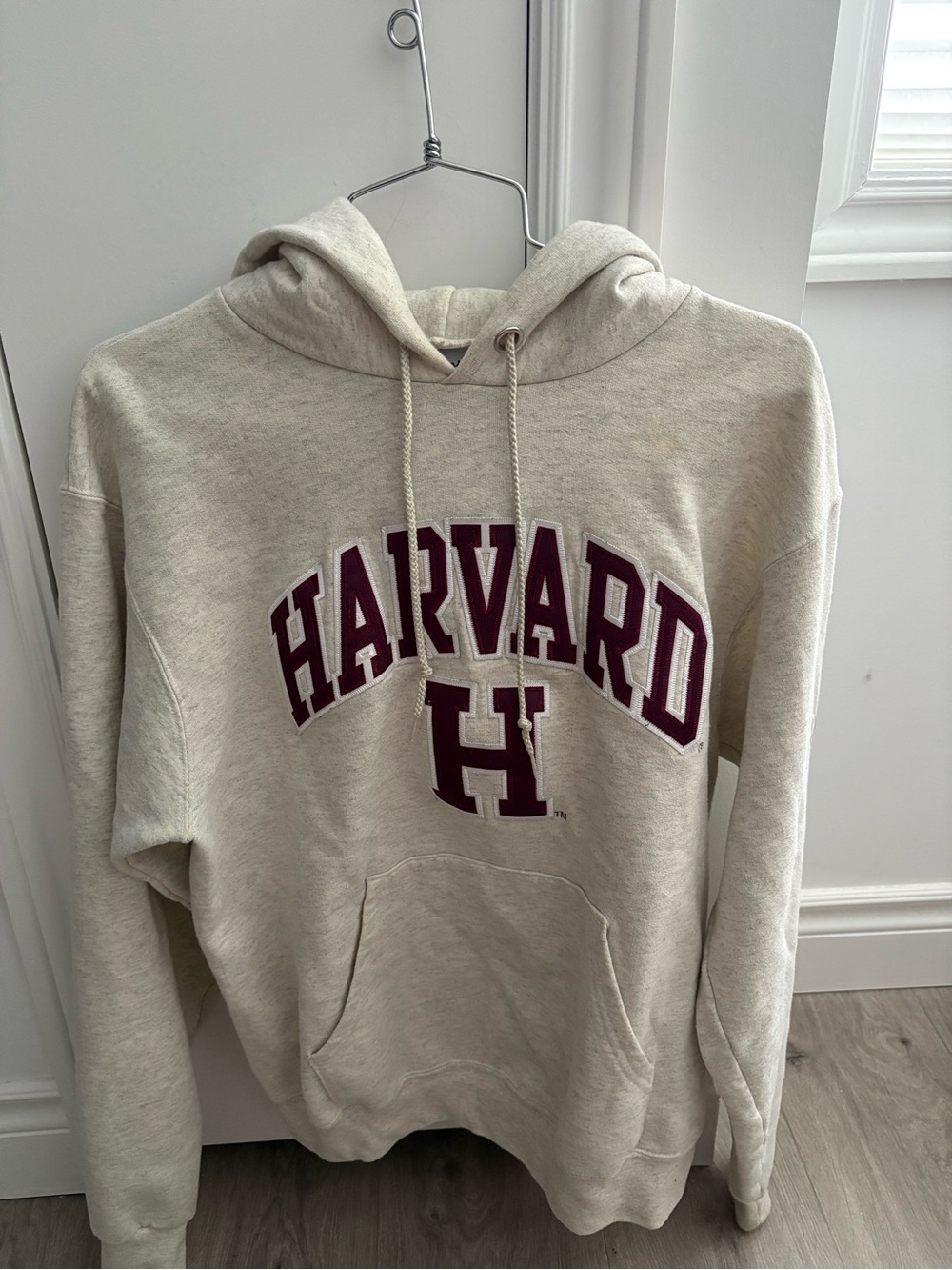 Champion Harvard oatmeal Hoodie with Maroon Lettering